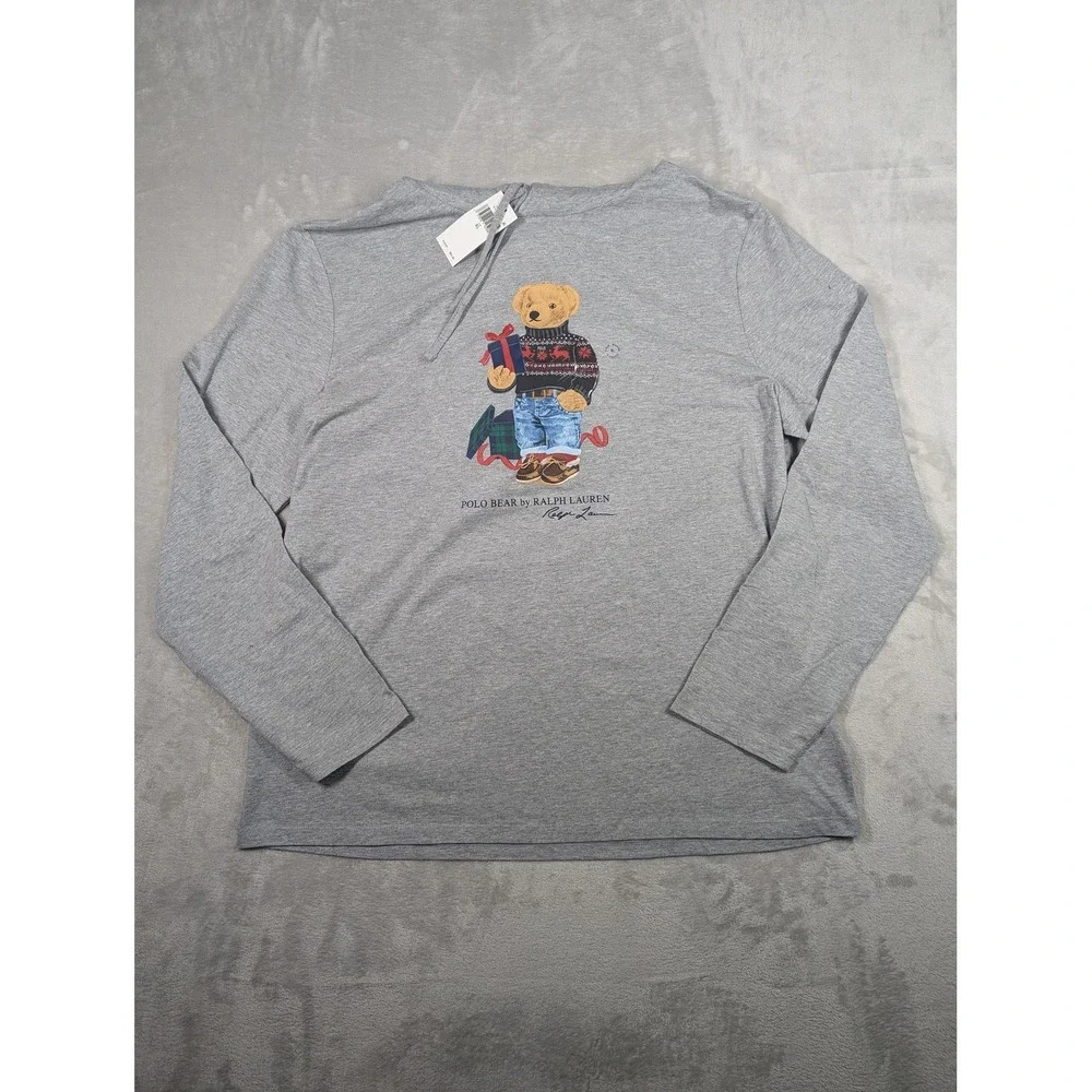Polo Ralph Lauren‎ Hooded Shirt Mens XL Gray Polo Bear Christmas Long Sleeve NWT